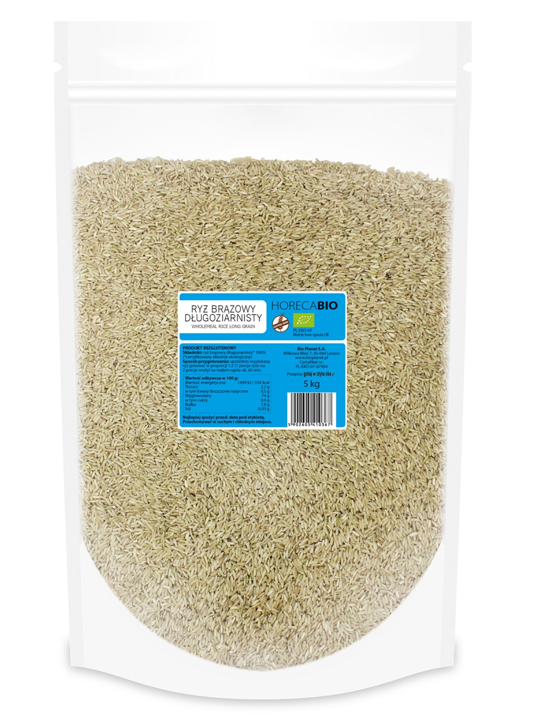 Ryż Brązowy Długoziarnisty Bezglutenowy Bio 5 Kg - Horeca