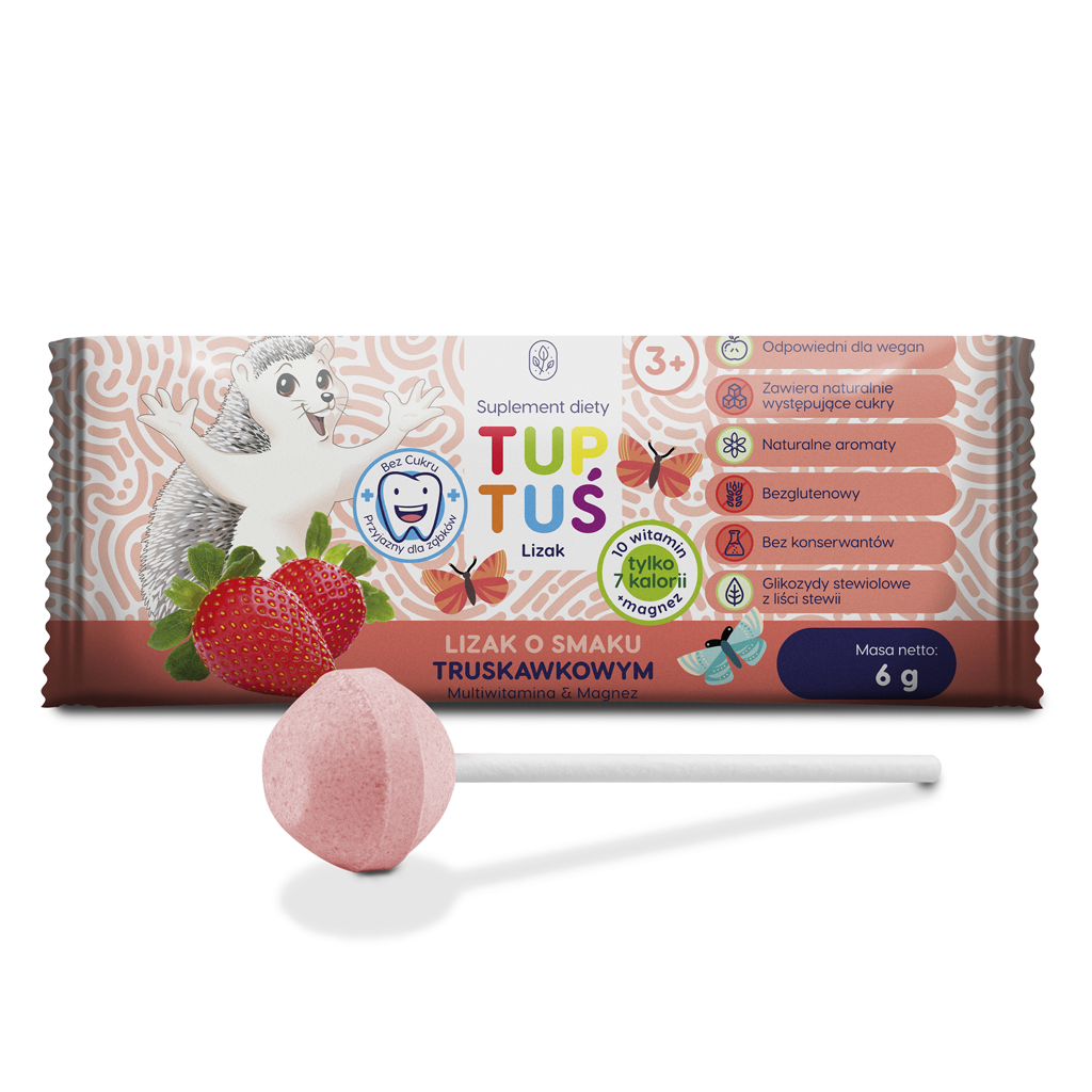 Lizak O Smaku Truskawkowym Multiwitamina Z Magnezem Bezglutenowy 6 G - Tuptuś