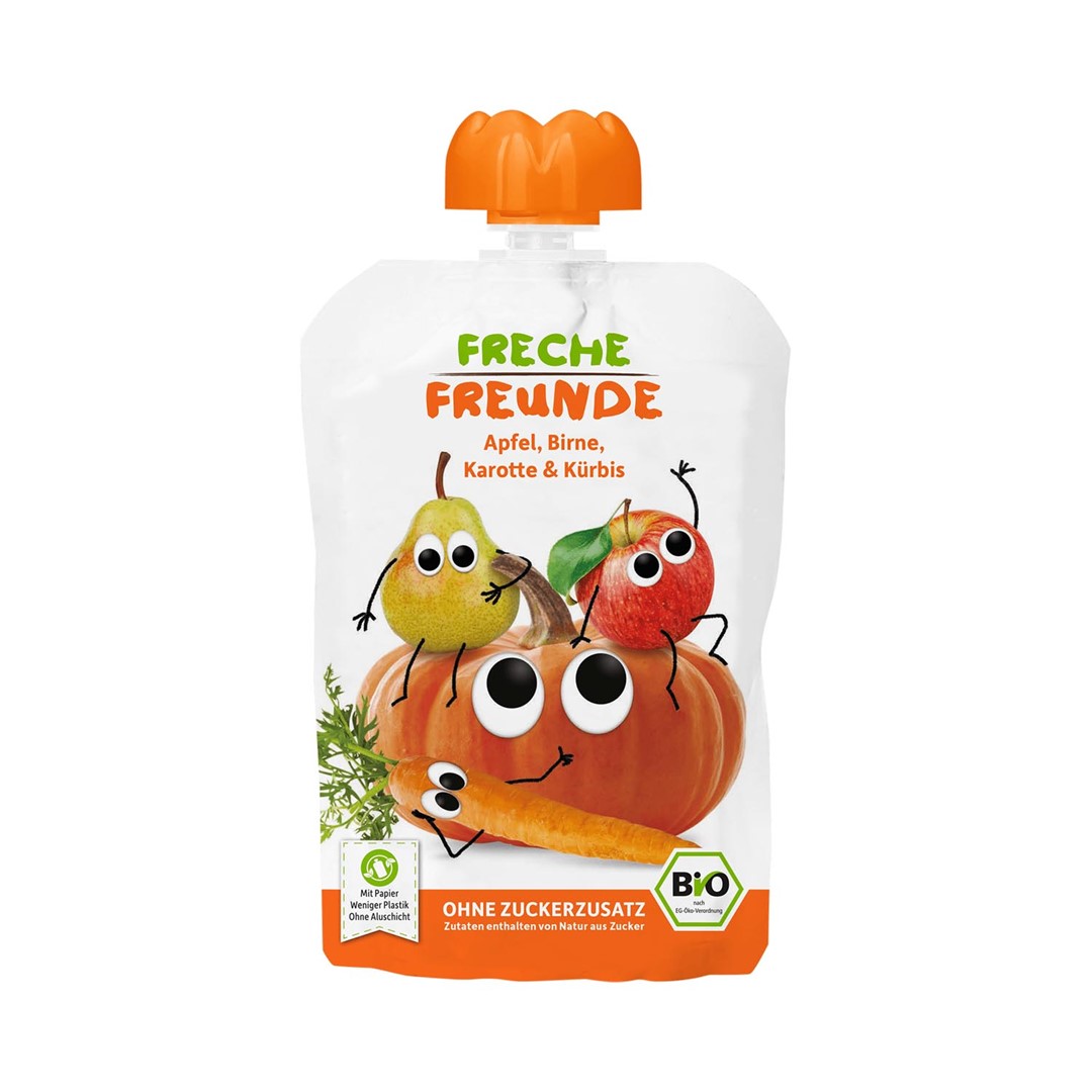 Mus Jabłko - Gruszka - Marchew - Dynia  Bez Dodatku Cukrów Bezglutenowy Od 6 Miesiąca Bio 100 G - Freche Freunde