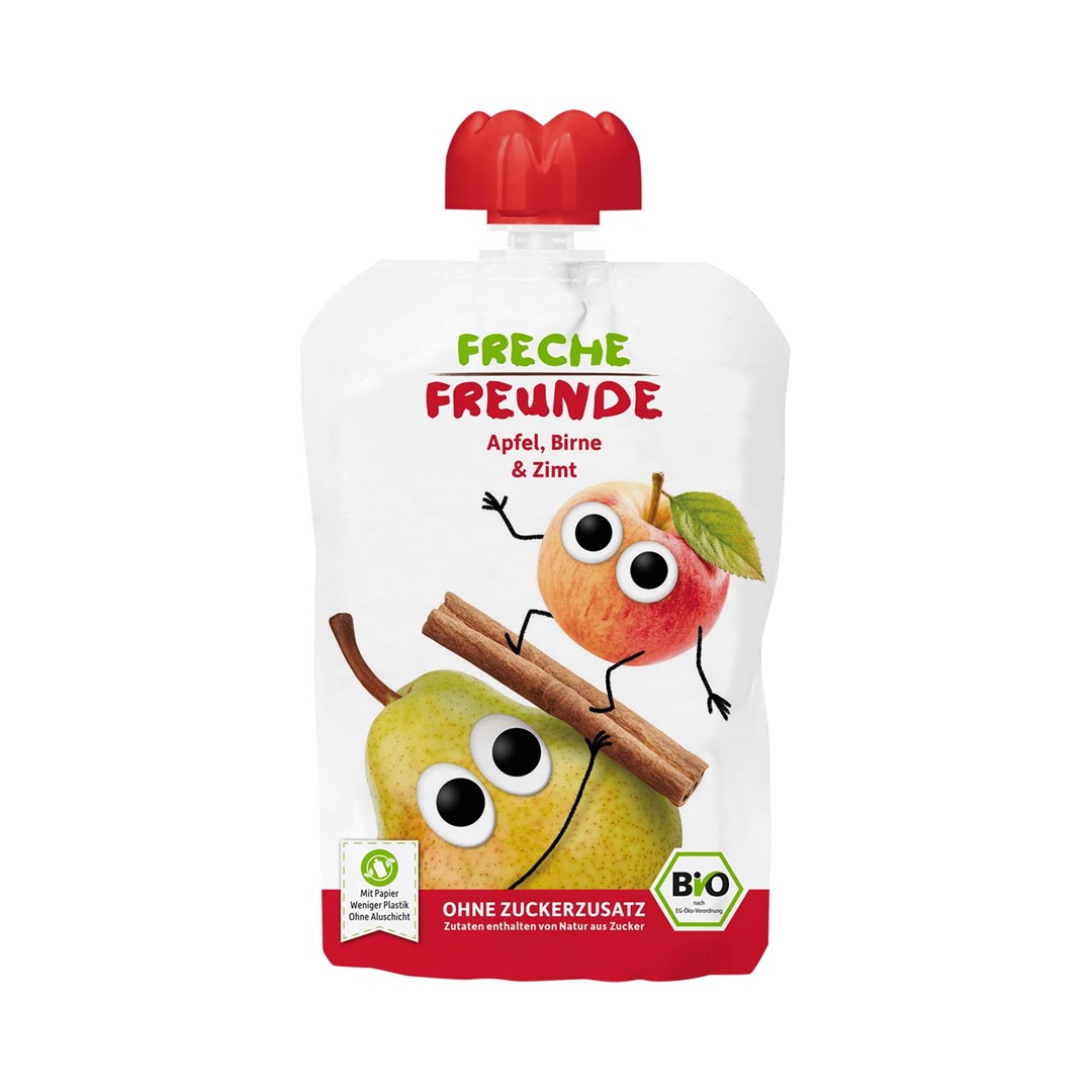 Mus Jabłko - Gruszka - Cynamon Bez Dodatku Cukrów Bezglutenowy Od 8 Miesiąca Bio 100 G - Freche Freunde