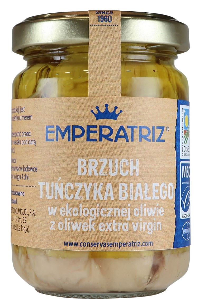 Tuńczyk Biały Msc Filety Brzuszne (Ventresca) W Bio Oliwie Z Oliwek Extra Virgin Bio 145 G (95 G) (Słoik) - Emperatriz