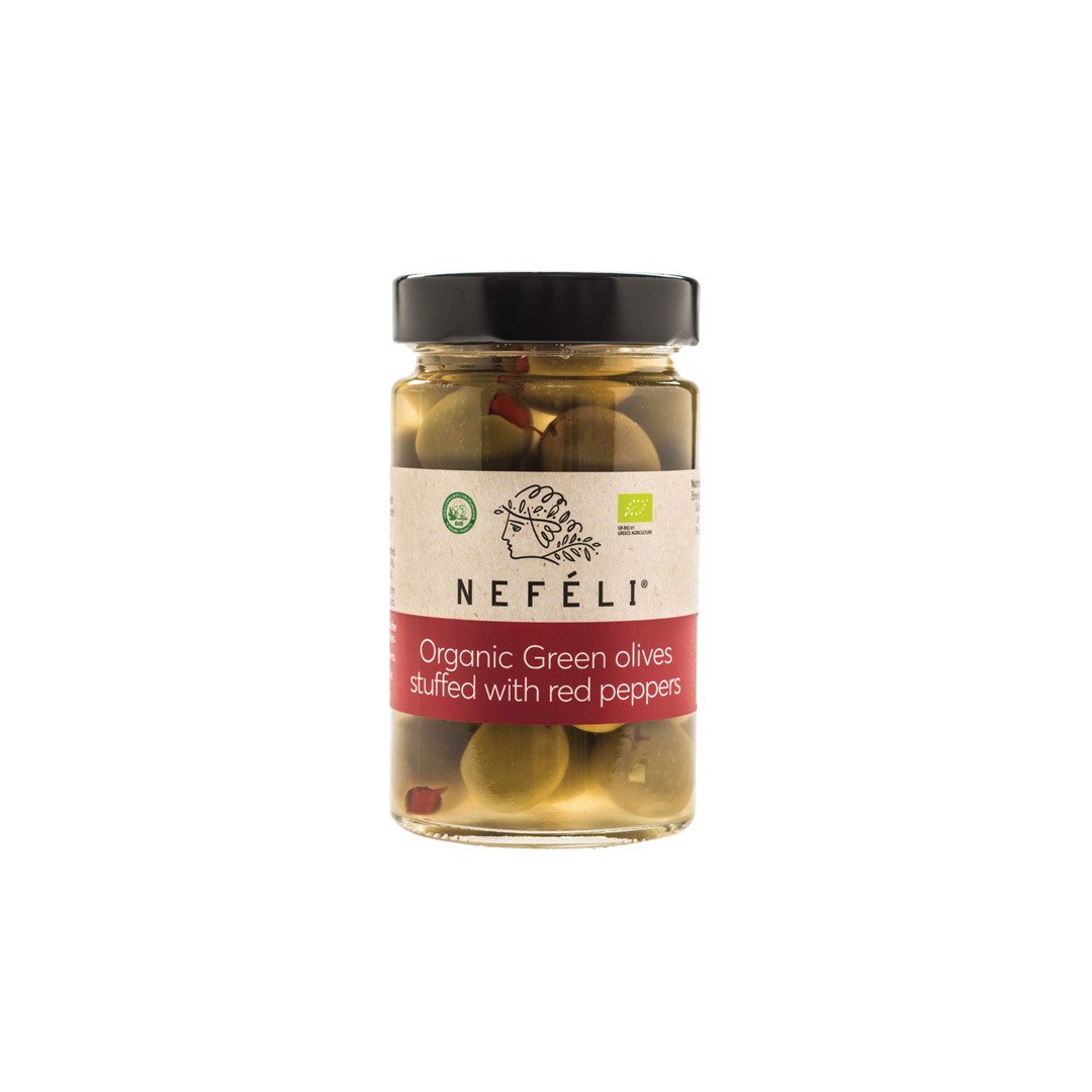 Oliwki Zielone Nadziewane Czerwoną Papryką W Zalewie Bio 300 G (165 G) - Nefeli