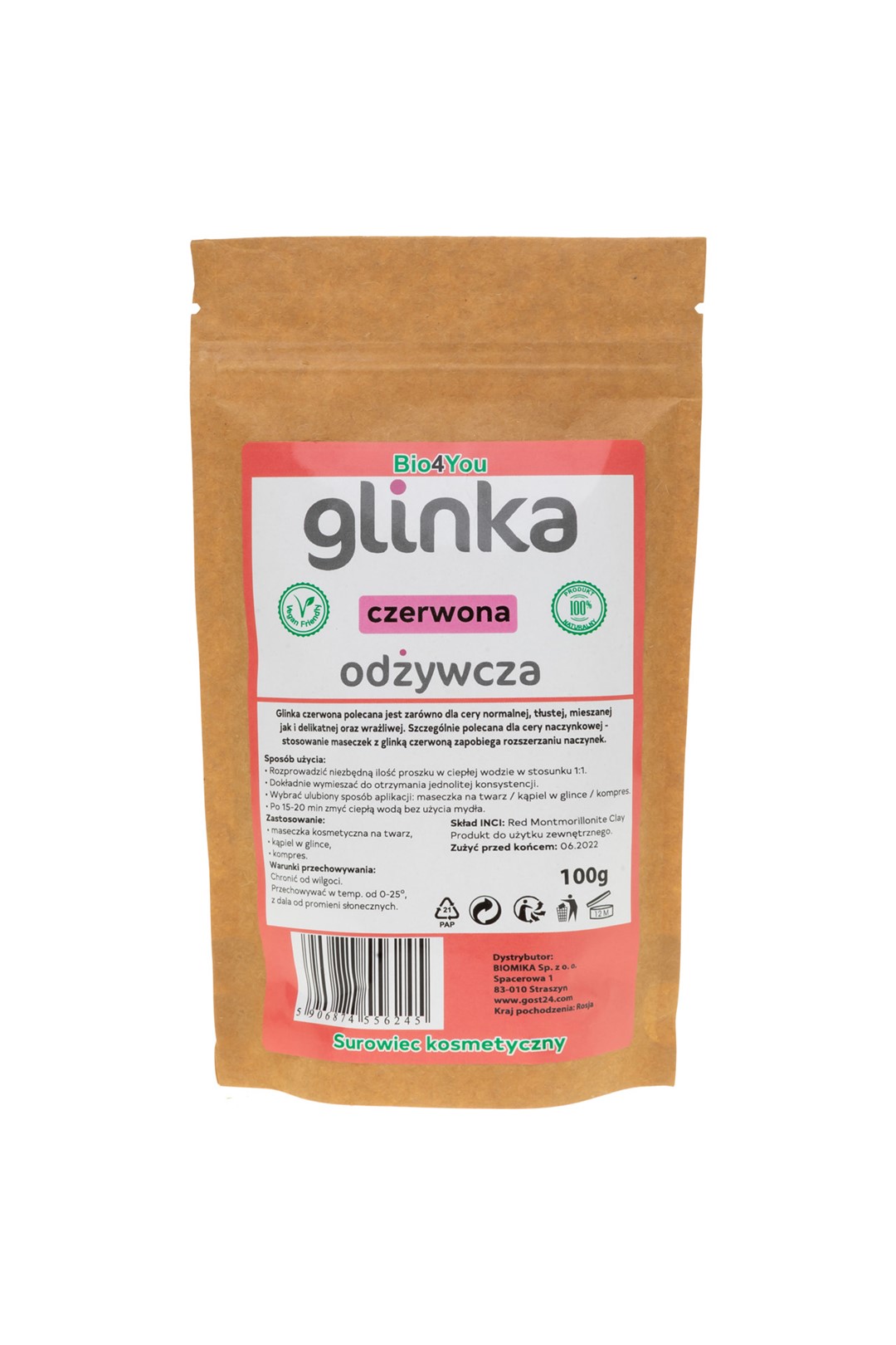 Glinka Kosmetyczna Czerwona Odżywcza 100 G - Biomika (Bio4You)