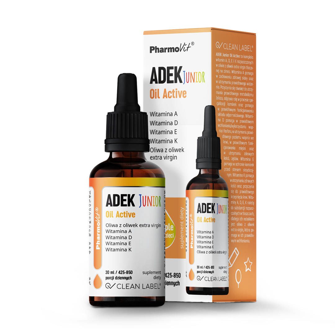Witamina Adek Junior Dla Dzieci W Kroplach (300 Mcg + 10 Mcg + 4 Mg + 20 Mcg) Bezglutenowe 30 Ml - Pharmovit (Clean Label)