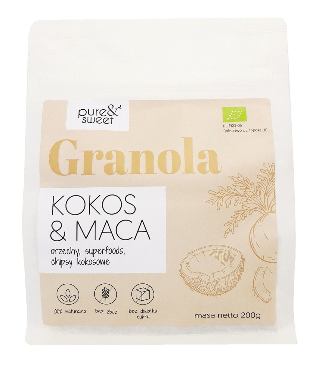 Granola Kokos - Maca Bez Dodatku Cukrów Bezglutenowa Bio 200 G - Pure & Sweet