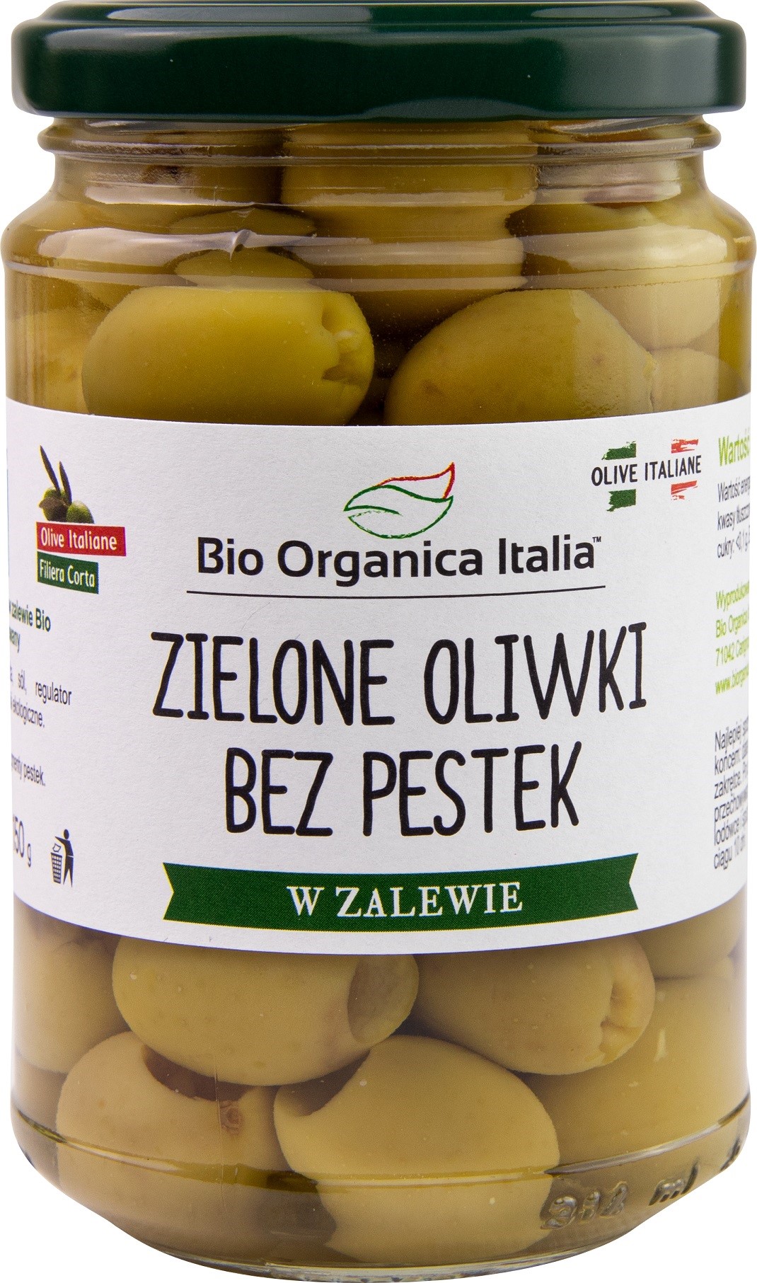 Oliwki Zielone Bez Pestek W Zalewie Bio 280 G (160 G) (Słoik) - Bio Organica Italia