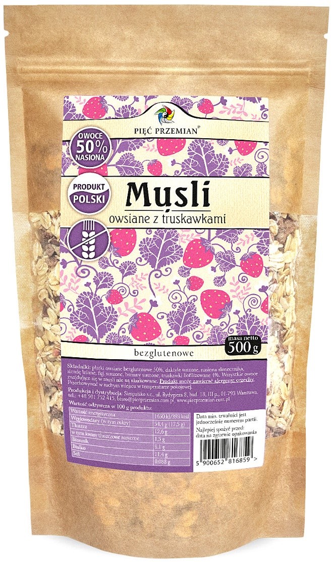 Musli Owsiane Truskawkowe Bez Dodatku Cukrów Bezglutenowe 500 G - Pięć Przemian