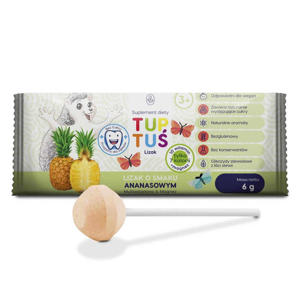Lizak O Smaku Ananasowym Multiwitamina Z Magnezem Bezglutenowy 6 G - Tuptuś